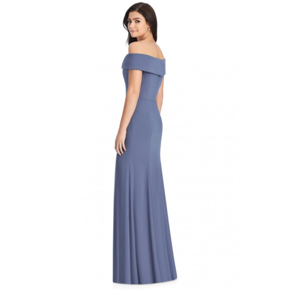 DESSY 3030 CUFFED OFF-THE-SHOULDER TRUMPET GOWN Silverstone Blue Gray Sz 18 New - Picture 2 of 7